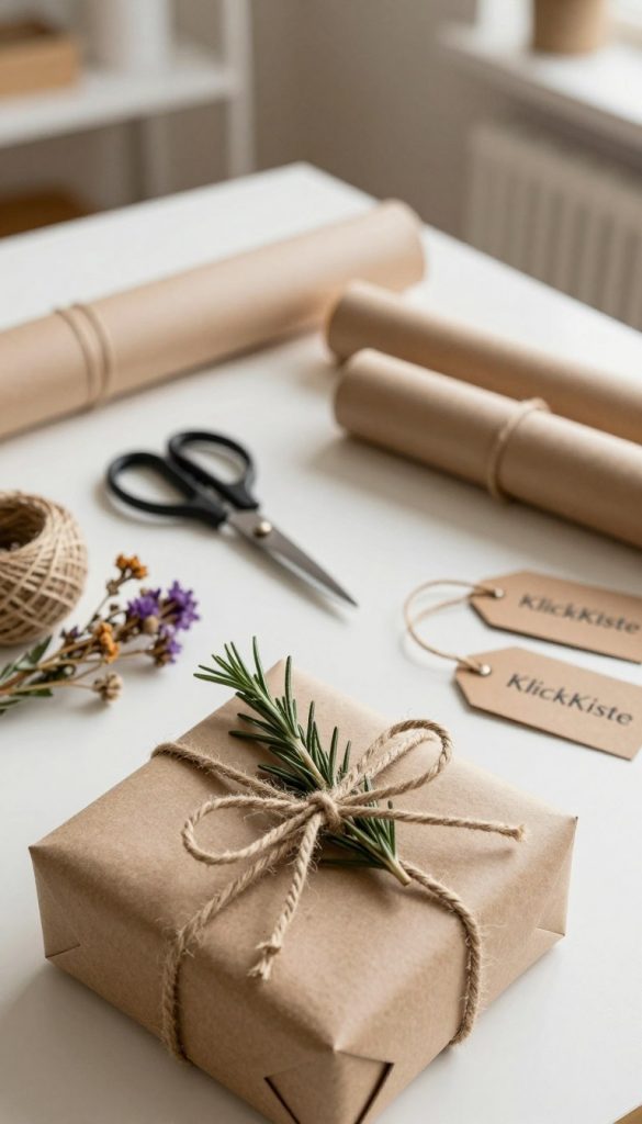 A beautifully arranged flat lay showcasing sustainable gift wrapping ideas, highlighting natural materials like brown kraft paper, twine, dried flowers, and reusable fabric wraps. In the foreground, feature a creatively wrapped gift with an elegant bow made of jute and sprigs of rosemary. The middle ground should display an assortment of eco-friendly wrapping supplies arranged artistically, including scissors, a roll of recyclable paper, and handmade tags. The background is softly blurred, featuring a cozy workspace with warm, natural lighting that evokes a calm, inviting atmosphere. The entire image reflects a Pinterest aesthetic, conveying creativity and sustainability, while prominently featuring the brand name "KlickKiste" subtly within the arrangement.