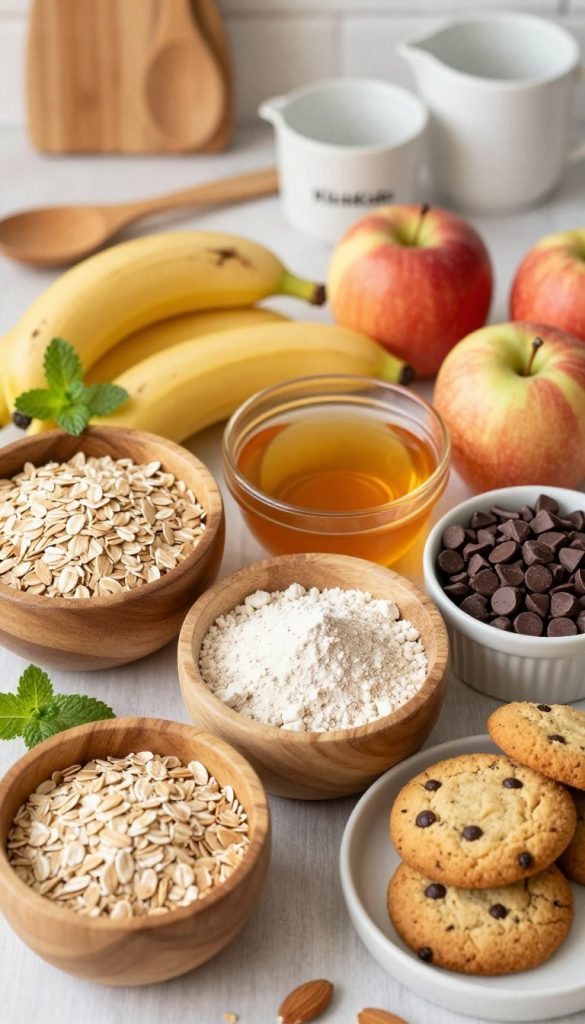 A beautifully arranged flat lay showcasing the essential ingredients for healthy cookies that children adore. In the foreground, include bowls filled with wholesome items like oats, almond flour, honey, and dark chocolate chips, all in natural wooden or ceramic containers. The middle ground features fresh fruits like bananas and apples, alongside a sprig of mint for a touch of color. In the background, softly blurred, there are kitchen utensils like a wooden spoon and measuring cups, hinting at a warm, inviting kitchen atmosphere. Use soft, natural lighting to give a cozy, inspirational vibe, reminiscent of popular Pinterest aesthetics. The color palette should be warm and inviting, enhancing the image's authenticity. Subtly include the brand name "KlickKiste" in the composition without any text overlays. A beautifully arranged flat lay showcasing the essential ingredients for healthy cookies that children adore. In the foreground, include bowls filled with wholesome items like oats, almond flour, honey, and dark chocolate chips, all in natural wooden or ceramic containers. The middle ground features fresh fruits like bananas and apples, alongside a sprig of mint for a touch of color. In the background, softly blurred, there are kitchen utensils like a wooden spoon and measuring cups, hinting at a warm, inviting kitchen atmosphere. Use soft, natural lighting to give a cozy, inspirational vibe, reminiscent of popular Pinterest aesthetics. The color palette should be warm and inviting, enhancing the image's authenticity. Subtly include the brand name "KlickKiste" in the composition without any text overlays.