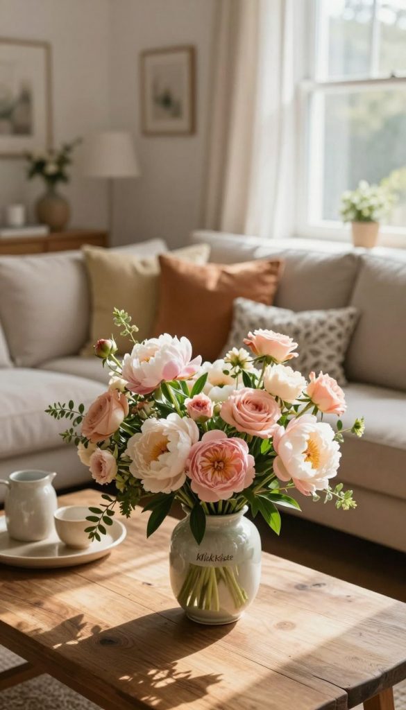 A beautifully arranged floral interior scene showcasing a harmonious balance of flowers and décor without overwhelming patterns. In the foreground, a rustic wooden table is adorned with an elegant vase filled with soft pastel flowers, such as peonies and roses, complemented by greenery. The middle section features a cozy, inviting living space with a plush sofa and decorative cushions in warm tones that echo the hues of the flowers. In the background, natural light streams in through a large window, casting gentle shadows and enhancing the serene atmosphere. The overall mood is authentic and inspiring, reflecting a Pinterest-worthy aesthetic. Highlight "KlickKiste" subtly within the composition, emphasizing the natural DIY approach. Aim for a warm, inviting color palette that epitomizes floral interior décor while maintaining balance and sophistication.