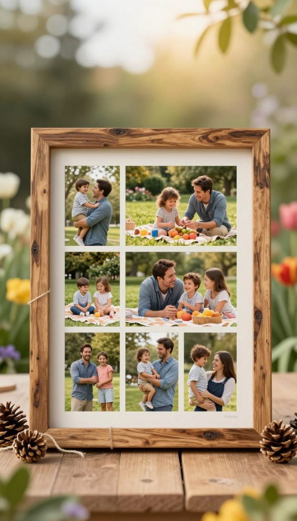 A beautifully arranged fotocollage celebrating Father's Day, showcased in a stylish wooden frame. In the foreground, the collage features a variety of family photos, depicting joyful moments: a father playing with children, a picnic in the park, and candid laughs shared during special occasions. The middle ground presents the frame, made of reclaimed wood with a rustic finish, adorned with decorative elements like small pinecones and twine. The background features a soft, blurred garden setting filled with blooming flowers and gentle greenery, illuminated by warm, golden hour sunlight. The overall mood is warm and inspiring, reflecting love and creativity, ideal for a DIY project vibe. The image is in a natural, Pinterest-style aesthetic, showcasing the brand "KlickKiste" subtly integrated into the design.
