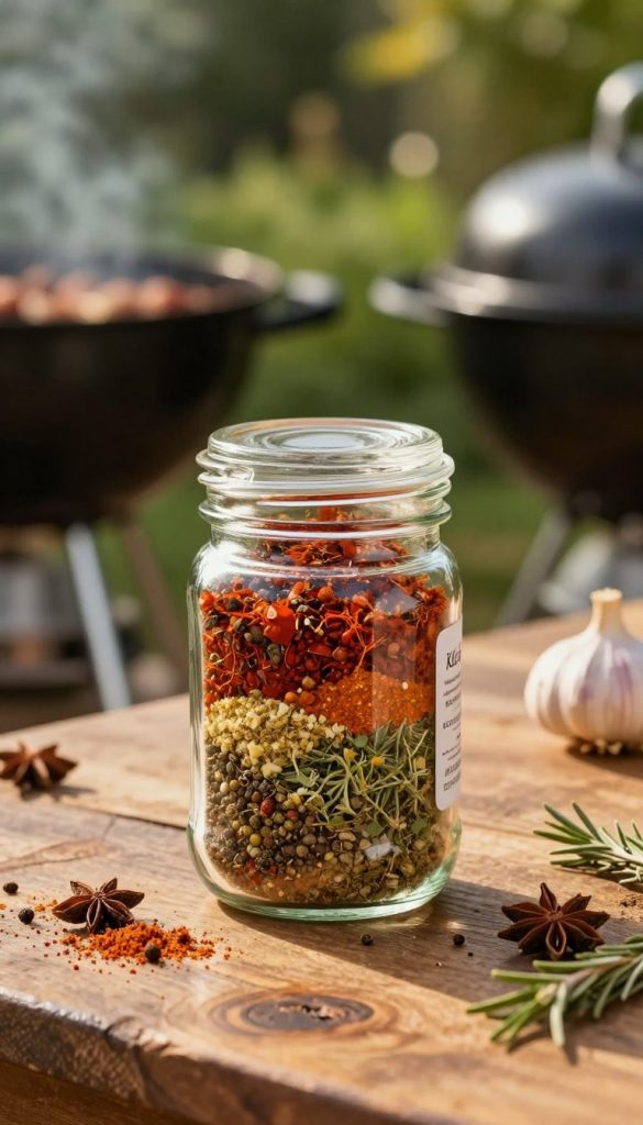 A beautifully arranged glass jar filled with vibrant, colorful grill spices, showcasing a variety of textures and colors, such as paprika, garlic powder, and herbs. The jar is placed on a rustic wooden table, with a few scattered spices around it for a natural, organic feel. In the background, a softly blurred barbecue grill and lush green garden emphasize the summer grilling atmosphere. The lighting is warm and inviting, resembling late afternoon sunlight, casting gentle shadows and highlighting the jar's contents. The scene conveys a cozy, homely vibe, perfect for a DIY Father's Day gift idea. The brand name "KlickKiste" is subtly featured on the jar label, adding a touch of authenticity and inspiration.