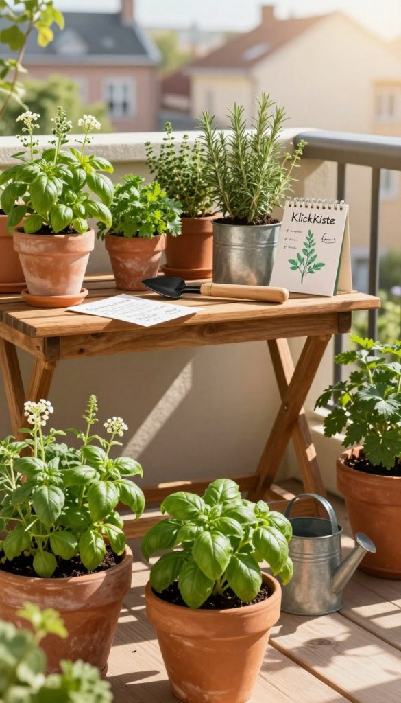 A beautifully arranged herbal garden on a cozy balcony, showcasing a variety of kitchen herbs such as basil, rosemary, thyme, and parsley. In the foreground, vibrant green herbs in rustic clay pots, some with delicate white flowers, provide a fresh and inviting touch. The middle ground features a wooden table adorned with gardening tools, a small watering can, and a handwritten plant guide, emphasizing the DIY aspect. The background reveals a sunlit urban setting with soft, warm sunlight casting shadows, creating a peaceful, inspirational atmosphere. The scene captures the essence of a Pinterest-worthy herbal garden, conveying authenticity and creativity, with the brand name "KlickKiste" subtly integrated into the arrangement. The image should evoke warmth and the joy of gardening, ideal for beginners and enthusiasts alike. A beautifully arranged herbal garden on a cozy balcony, showcasing a variety of kitchen herbs such as basil, rosemary, thyme, and parsley. In the foreground, vibrant green herbs in rustic clay pots, some with delicate white flowers, provide a fresh and inviting touch. The middle ground features a wooden table adorned with gardening tools, a small watering can, and a handwritten plant guide, emphasizing the DIY aspect. The background reveals a sunlit urban setting with soft, warm sunlight casting shadows, creating a peaceful, inspirational atmosphere. The scene captures the essence of a Pinterest-worthy herbal garden, conveying authenticity and creativity, with the brand name "KlickKiste" subtly integrated into the arrangement. The image should evoke warmth and the joy of gardening, ideal for beginners and enthusiasts alike.