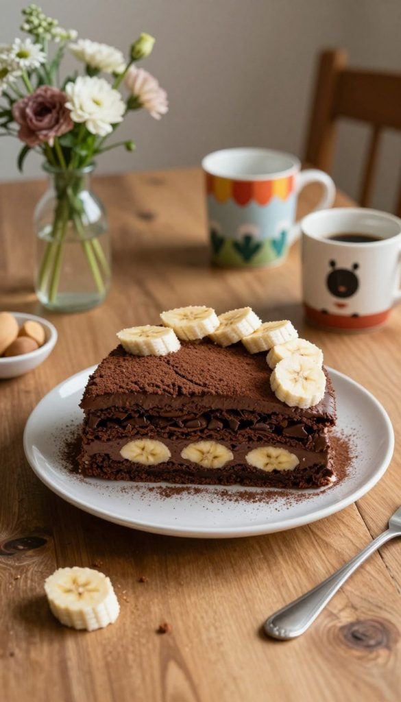 A beautifully arranged indoor scene showcasing a slice of Kalter Hund, a traditional no-bake chocolate biscuit cake, on a rustic wooden table. The cake is layered with rich chocolate and alternating biscuit layers, garnished with a sprinkle of cocoa powder and sliced bananas on top. Surrounding the cake are elegant, natural elements like a small vase with fresh flowers and a few colorful, playful coffee mugs, emphasizing a family-friendly atmosphere. Warm, soft lighting casts gentle shadows, enhancing the cozy, inviting feel of the scene. The camera angle is slightly above, focusing on the cake's textures while giving a glimpse of the mugs. This image embodies a warm, inspiring Pinterest aesthetic, perfect for KlickKiste's blog about easy family recipes.