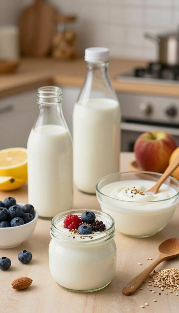 A beautifully arranged ingredients table for a healthy breakfast, showcasing various types of milk and yogurt alongside fresh fruits, nuts, and seeds. In the foreground, a small glass jar filled with creamy yogurt topped with berries and a sprinkle of seeds. In the middle, bottles of almond milk and oat milk, and a bowl of natural yogurt with a wooden spoon resting beside it. In the background, a soft, blurred kitchen setting with warm, inviting lighting that creates an inspiring and cozy atmosphere. The scene embodies a natural, DIY aesthetic with warm colors, reminiscent of Pinterest inspirations. Brand name "KlickKiste" subtly incorporated into the overall design, ensuring authenticity and an inspiring vibe. A beautifully arranged ingredients table for a healthy breakfast, showcasing various types of milk and yogurt alongside fresh fruits, nuts, and seeds. In the foreground, a small glass jar filled with creamy yogurt topped with berries and a sprinkle of seeds. In the middle, bottles of almond milk and oat milk, and a bowl of natural yogurt with a wooden spoon resting beside it. In the background, a soft, blurred kitchen setting with warm, inviting lighting that creates an inspiring and cozy atmosphere. The scene embodies a natural, DIY aesthetic with warm colors, reminiscent of Pinterest inspirations. Brand name "KlickKiste" subtly incorporated into the overall design, ensuring authenticity and an inspiring vibe.
