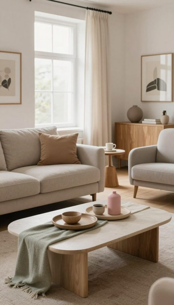 A beautifully arranged interior scene featuring a cozy Scandinavian living room designed with the Skandi color palette of 2026. The foreground showcases a stylish coffee table decorated with soft textiles and natural materials, including warm beige, muted green, and pastel pink accents. In the middle, elegant furniture pieces like a plush sofa and chic armchairs reflect contemporary craftsmanship, all in soothing tones. The background reveals a bright, airy window with sheer curtains that allow soft, natural light to illuminate the space, enhancing the warm atmosphere. The walls are adorned with subtle artwork and wooden elements that harmonize with the overall aesthetic. This inspiring, authentic image captures the essence of DIY projects for home decor, curated by KlickKiste. A beautifully arranged interior scene featuring a cozy Scandinavian living room designed with the Skandi color palette of 2026. The foreground showcases a stylish coffee table decorated with soft textiles and natural materials, including warm beige, muted green, and pastel pink accents. In the middle, elegant furniture pieces like a plush sofa and chic armchairs reflect contemporary craftsmanship, all in soothing tones. The background reveals a bright, airy window with sheer curtains that allow soft, natural light to illuminate the space, enhancing the warm atmosphere. The walls are adorned with subtle artwork and wooden elements that harmonize with the overall aesthetic. This inspiring, authentic image captures the essence of DIY projects for home decor, curated by KlickKiste.