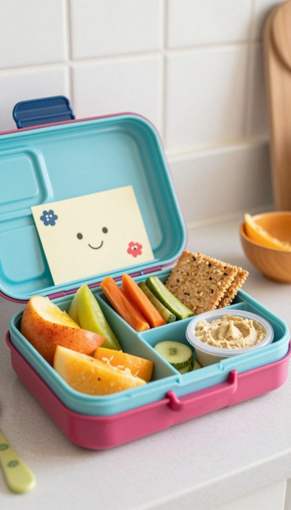 A beautifully arranged kinder lunchbox inspired by vibrant colors and healthy snacks, showcasing a variety of mix-and-match options ideal for children's meals. The foreground features a divided lunchbox filled with colorful fruit slices, vegetable sticks, whole-grain crackers, and small containers of hummus or yogurt. The middle layer includes a cheerful note or small fun picks to decorate the lunch. In the background, soft, natural lighting creates a warm and inviting atmosphere, enhancing the overall DIY aesthetic. The setting is a cozy kitchen countertop with a slight depth of field effect, blurred edges to keep the focus on the lunchbox. The scene embodies an inspiring and authentic Pinterest-style look, with the brand name "KlickKiste" subtly incorporated within the arrangement.