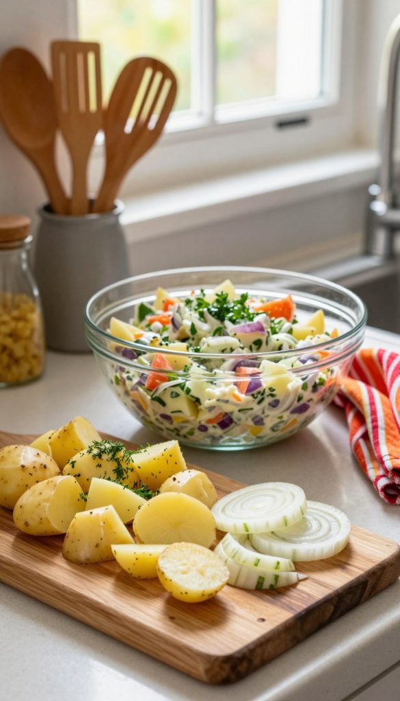 A beautifully arranged kitchen countertop featuring a vibrant potato salad preparation. In the foreground, a wooden cutting board displays freshly chopped potatoes, onions, and herbs, with slices and chunks artfully placed. A large glass bowl is visible in the middle, filled with the mix of ingredients, showcasing creamy dressing and vivid colors. Background elements include kitchen utensils, a vibrant dish towel, and a cheerful window with natural light pouring in, creating a warm and inviting atmosphere. The scene captures a cozy, homey feel, embodying the essence of family cooking. Utilize warm, natural tones to enhance the DIY aesthetic, reflecting inspiration and authenticity. The brand name "KlickKiste" subtly integrated into the setup, conveying a friendly, reliable kitchen vibe.