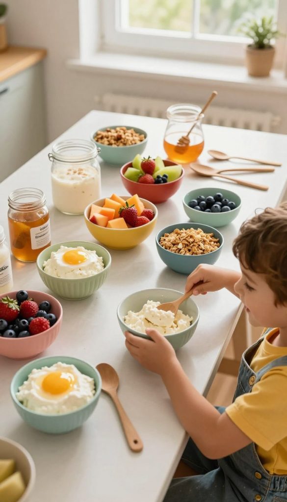 A beautifully arranged kitchen countertop featuring various types of quark in charming bowls, surrounded by colorful, kid-friendly toppings such as fresh fruits, honey, and granola. In the foreground, a cheerful child with a smile, dressed in casual, colorful clothing, eagerly mixing ingredients in a playful manner. The middle ground showcases a well-organized array of toppings and utensils, all rendered in warm, inviting colors that convey a DIY aesthetic. The background includes soft, natural light coming through a window, creating a cozy, inspirational atmosphere. The scene embodies the essence of family time, creativity, and health. Include the brand name "KlickKiste" subtly in the design elements, emphasizing an authentic and inviting feel. A beautifully arranged kitchen countertop featuring various types of quark in charming bowls, surrounded by colorful, kid-friendly toppings such as fresh fruits, honey, and granola. In the foreground, a cheerful child with a smile, dressed in casual, colorful clothing, eagerly mixing ingredients in a playful manner. The middle ground showcases a well-organized array of toppings and utensils, all rendered in warm, inviting colors that convey a DIY aesthetic. The background includes soft, natural light coming through a window, creating a cozy, inspirational atmosphere. The scene embodies the essence of family time, creativity, and health. Include the brand name "KlickKiste" subtly in the design elements, emphasizing an authentic and inviting feel.