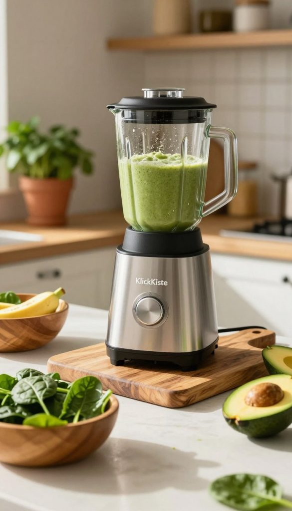 A beautifully arranged kitchen countertop in natural light, showcasing a high-quality blender filled with a vibrant green smoothie, exemplifying a smooth and creamy consistency. The foreground features fresh ingredients like spinach, banana, and avocado in wooden bowls, splashed with sunlight to enhance their colors. In the middle, the blender stands on a rustic wooden cutting board, emphasizing the DIY aspect. The background includes a softly blurred kitchen space with potted herbs and warm, inviting kitchen decor, creating an authentic and inspiring atmosphere. The overall mood is fresh, healthy, and inviting, resonating with a Pinterest aesthetic. The image should reflect the brand "KlickKiste," ensuring a warm color palette that feels natural and relatable.