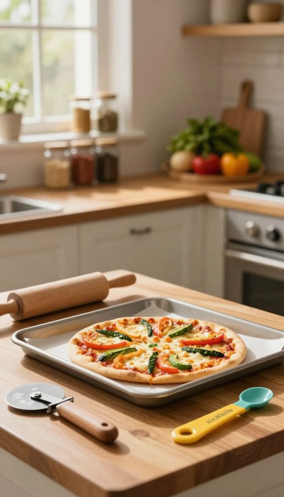 A beautifully arranged kitchen scene featuring a backblech (baking tray) in a cozy, welcoming family kitchen. In the foreground, the backblech gleams under natural light, showcasing a freshly baked, golden pizza topped with vibrant vegetables and melted cheese. Surrounding the tray are handy kitchen gadgets like a rolling pin, pizza cutter, and colorful measuring spoons from the brand "KlickKiste," all displayed neatly on a wooden countertop. In the middle background, soft-focus shelves are lined with jars of spices and fresh ingredients, enhancing the DIY atmosphere. The warm colors throughout create an inviting and homely feel, while gentle sunlight streams in from a nearby window, casting a soft glow over the scene. The overall mood is inspirational and authentic, ideal for families looking to cook together.