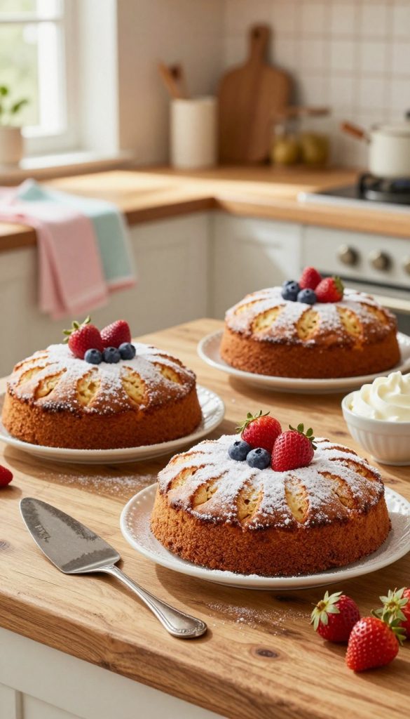 A beautifully arranged kitchen scene featuring a freshly baked Rührkuchen and Kastenkuchen cooling on a rustic wooden counter. The cakes should be adorned with a light dusting of powdered sugar and a few seasonal fruits like strawberries and blueberries. In the foreground, place a vintage cake server and a small bowl of whipped cream. The middle layer showcases soft, natural lighting that illuminates the cakes, enhancing their textures and colors, with warm tones throughout the kitchen. A blurred background reveals cozy kitchen accents such as dish towels in pastel colors, and a window letting in gentle sunlight. The overall mood should be inviting and homely, capturing the essence of simple family baking. Include elements that reflect the brand "KlickKiste" subtly, enhancing the aesthetic without overpowering the scene.