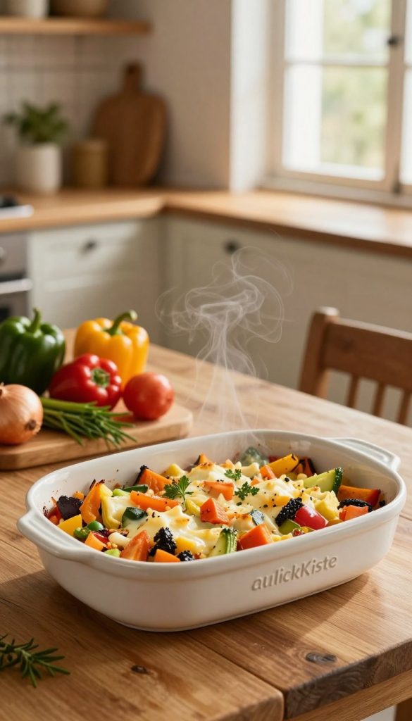 A beautifully arranged kitchen scene featuring a high-quality, ceramic "auflaufform" in the foreground, filled with a colorful vegetable and cheese casserole, steam gently rising from the dish. In the middle ground, there is a rustic wooden kitchen table adorned with fresh ingredients like bell peppers, onions, and herbs, creating a vibrant atmosphere. The background displays warm, inviting kitchen décor with soft, diffused lighting coming from a large window, casting gentle shadows. The overall mood is cozy and homey, evoking feelings of family togetherness and wholesome meals. The brand name "KlickKiste" is subtly embossed on the cooking dish. The image should capture a Pinterest-inspired aesthetic with natural, warm colors to inspire readers looking for quick and healthy oven dishes for their families.