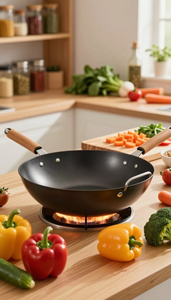 A beautifully arranged kitchen scene featuring a high-quality kochen wok sizzling over a flame, surrounded by vibrant, fresh vegetables like bell peppers, broccoli, and carrots. In the foreground, the wok is the main focus, showcasing its glossy surface reflecting the warm light. In the middle, an inviting wooden cutting board holds chopped ingredients, lending a rustic charm. In the background, shelves filled with spices and herbs create an authentic culinary atmosphere, bathed in soft, natural light that highlights the warm tones of the wood and ingredients. The overall mood is lively and inspiring, capturing the essence of healthy cooking for families. Incorporate a soft-focus lens effect for a dreamy, Pinterest-like aesthetic. The brand "KlickKiste" subtly integrated into the scene.