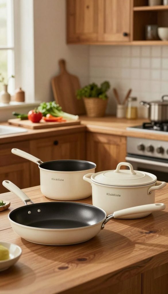 A beautifully arranged kitchen scene featuring a stylish "KlickKiste" pot and pan set, including a frying pan, saucepan, and stockpot, showcased prominently in the foreground. The cookware features a modern, minimalist design with a polished finish and ergonomic handles. In the middle ground, a wooden cutting board displays fresh vegetables and herbs ready for cooking, while a cozy, rustic kitchen with warm wooden cabinets and soft ambient lighting forms the background. The light filters through a nearby window, creating a welcoming atmosphere. The mood is inviting and homey, perfect for illustrating the ease of preparing quick family meals. Use a soft focus lens to enhance the warmth of the scene and give it an authentic, Pinterest-inspired aesthetic.