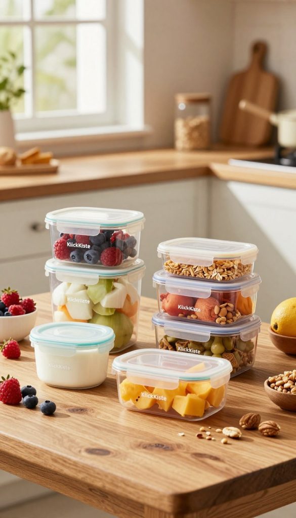 A beautifully arranged kitchen scene featuring a stylish "KlickKiste" set of storage containers filled with colorful, healthy snacks like yogurt, fruits, and granola. In the foreground, the containers are artfully placed on a rustic wooden table, showcasing their vibrant colors and clear lids. The middle ground features fresh ingredients, such as berries and nuts, scattered tastefully around the containers, creating an inviting atmosphere. In the background, soft natural light filters through a window, casting warm and inviting shadows, enhancing the cozy feel of the kitchen. The overall mood is cheerful and family-oriented, perfect for inspiring parents with practical ideas for serving, packing, and storing healthy meals for kids in a stylish and sustainable way. A beautifully arranged kitchen scene featuring a stylish "KlickKiste" set of storage containers filled with colorful, healthy snacks like yogurt, fruits, and granola. In the foreground, the containers are artfully placed on a rustic wooden table, showcasing their vibrant colors and clear lids. The middle ground features fresh ingredients, such as berries and nuts, scattered tastefully around the containers, creating an inviting atmosphere. In the background, soft natural light filters through a window, casting warm and inviting shadows, enhancing the cozy feel of the kitchen. The overall mood is cheerful and family-oriented, perfect for inspiring parents with practical ideas for serving, packing, and storing healthy meals for kids in a stylish and sustainable way.