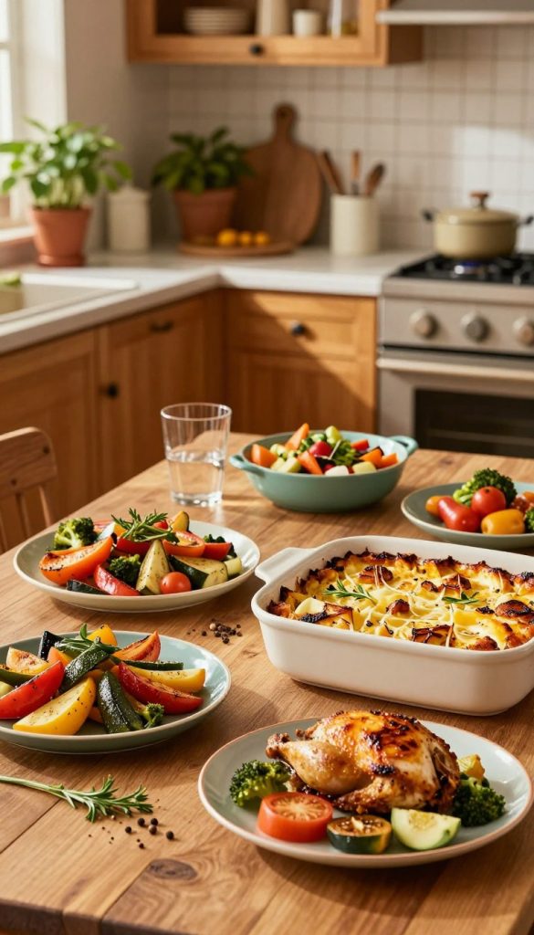 A beautifully arranged kitchen scene featuring a variety of healthy, quick oven dishes perfect for family meals. In the foreground, colorful plates of roasted vegetables, baked chicken, and a hearty casserole glisten under warm, natural lighting. The middle ground reveals a rustic wooden table adorned with fresh herbs and spices, complementing the vibrant colors of the dishes. In the background, a cozy kitchen with warm hues, wooden cabinets, and a hint of greenery from potted plants evokes a welcoming atmosphere. The style is authentic and Pinterest-inspired, embodying a homey vibe that invites family cooking. Include the brand name "KlickKiste" subtly within the decor elements. The scene should radiate warmth, inspiration, and a sense of togetherness, ideal for daily family meals.
