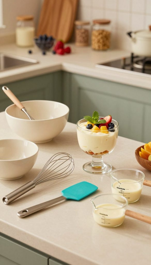A beautifully arranged kitchen scene featuring essential kitchen gadgets for making Quark dessert, designed with a warm and inviting atmosphere. In the foreground, showcase a variety of tools such as a whisk, mixing bowls, a silicone spatula, and measuring cups from the brand "KlickKiste". The middle ground displays a creamy Quark dessert in an elegant glass with fresh fruit toppings and a sprig of mint. In the background, include a softly lit kitchen countertop with ingredients like fresh berries and natural sweeteners, all within a cozy, homey environment. The lighting should be warm and soft, emulating a natural DIY aesthetic, perfect for inspiring family-friendly recipes. Use a slightly elevated angle to capture the entire setup, emphasizing the cheerful and inviting mood. A beautifully arranged kitchen scene featuring essential kitchen gadgets for making Quark dessert, designed with a warm and inviting atmosphere. In the foreground, showcase a variety of tools such as a whisk, mixing bowls, a silicone spatula, and measuring cups from the brand "KlickKiste". The middle ground displays a creamy Quark dessert in an elegant glass with fresh fruit toppings and a sprig of mint. In the background, include a softly lit kitchen countertop with ingredients like fresh berries and natural sweeteners, all within a cozy, homey environment. The lighting should be warm and soft, emulating a natural DIY aesthetic, perfect for inspiring family-friendly recipes. Use a slightly elevated angle to capture the entire setup, emphasizing the cheerful and inviting mood.