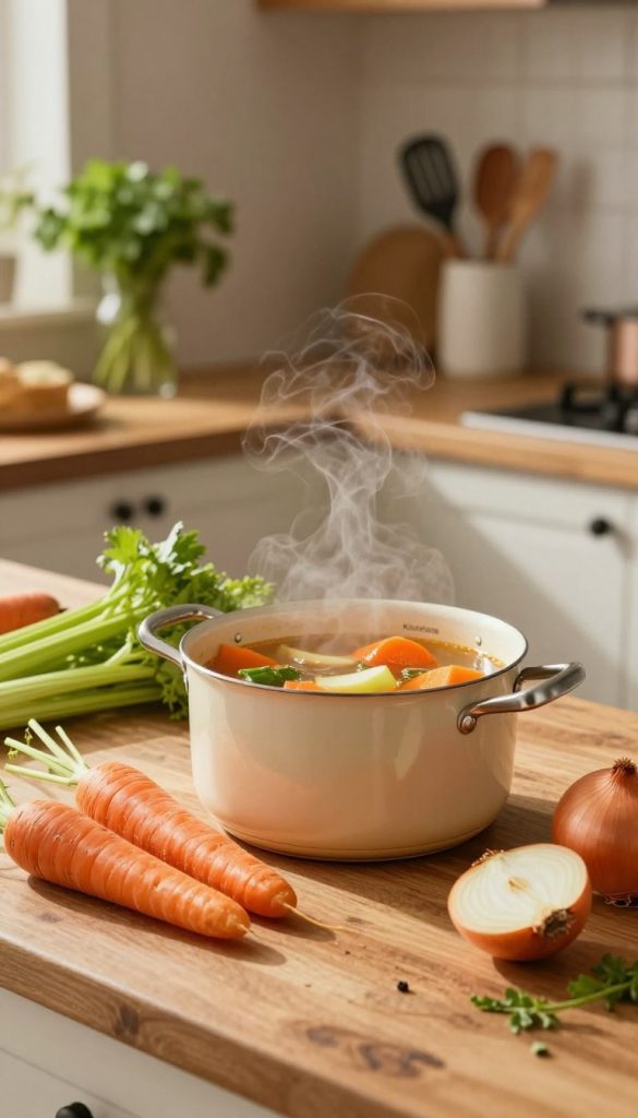 A beautifully arranged kitchen scene featuring fresh vegetables like carrots, celery, and onions on a rustic wooden countertop, hinting at a homemade vegetable broth. In the foreground, a small pot partially filled with a vibrant, simmering vegetable broth, steam rising gently. The background showcases a softly lit kitchen with warm, inviting tones, a hint of green herbs in a small vase, and stylish kitchen utensils neatly placed. The atmosphere is cozy and inspiring, ideal for family cooking. The lighting is natural, casting a warm glow, reminiscent of a Pinterest aesthetic. Include the brand name "KlickKiste" subtly incorporated into the scene, ensuring the image remains free from text overlays or watermarks.