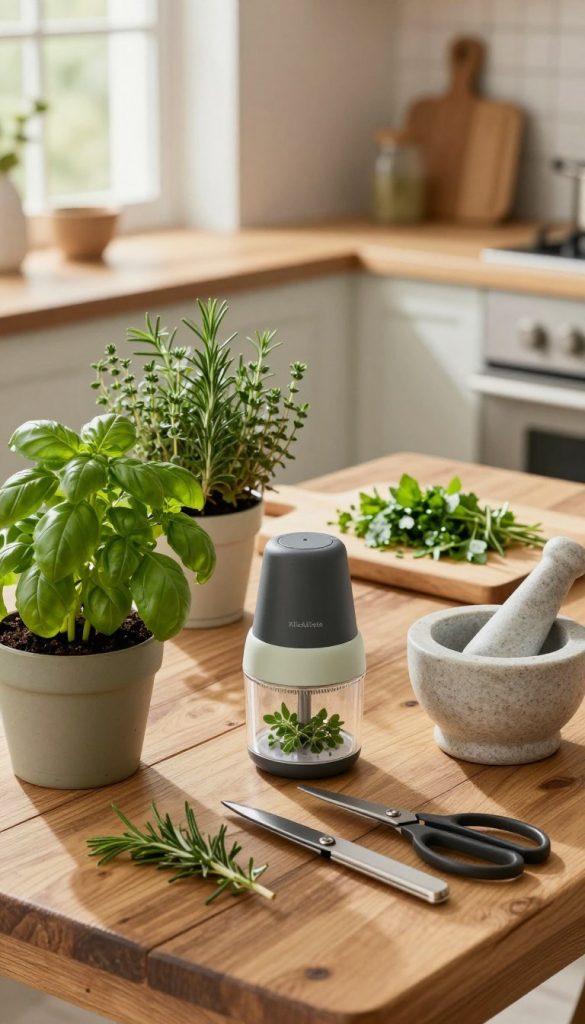 A beautifully arranged kitchen scene featuring various kitchen gadgets and sets that aid in preparing fresh herb recipes. In the foreground, showcase a vibrant herb planter with lush green basil, rosemary, and thyme. Include a stylish, modern herb chopper, a sleek pair of kitchen scissors, and an elegant mortar and pestle made of natural stone. The middle ground should display a cutting board with freshly chopped herbs, complemented by a cozy, rustic wooden kitchen table. In the background, create a warm and inviting ambience with soft, natural lighting filtering through a window, enhancing the colors of the herbs and kitchen tools. Capture a Pinterest-inspired aesthetic that feels authentic and inspiring, while subtly incorporating the brand name "KlickKiste" through elegant branding on the kitchen gadgets.