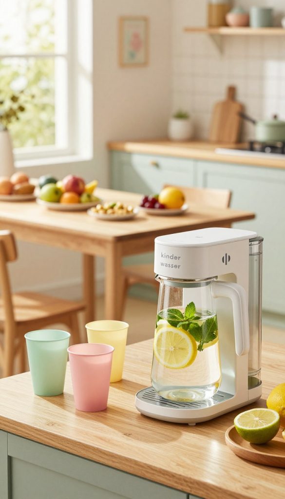 A beautifully arranged kitchen scene focused on "kinder wasser", showcasing a stylish, eco-friendly water station for families. In the foreground, a sleek glass decanter filled with refreshing water infused with slices of lemon and mint leaves sits beside colorful, reusable cups. In the middle, there's a charming wooden table with neatly prepared snacks like fruits and veggies, surrounded by a cozy setting featuring light, pastel-colored decorations. The background features a window letting in warm, natural sunlight, illuminating the entire scene and creating a welcoming atmosphere. The image should have a Pinterest-inspired aesthetic with soft focus and natural lighting, conveying a sense of organization and inspiration for family meal prep. Include subtle branding elements of "KlickKiste". A beautifully arranged kitchen scene focused on "kinder wasser", showcasing a stylish, eco-friendly water station for families. In the foreground, a sleek glass decanter filled with refreshing water infused with slices of lemon and mint leaves sits beside colorful, reusable cups. In the middle, there's a charming wooden table with neatly prepared snacks like fruits and veggies, surrounded by a cozy setting featuring light, pastel-colored decorations. The background features a window letting in warm, natural sunlight, illuminating the entire scene and creating a welcoming atmosphere. The image should have a Pinterest-inspired aesthetic with soft focus and natural lighting, conveying a sense of organization and inspiration for family meal prep. Include subtle branding elements of "KlickKiste".