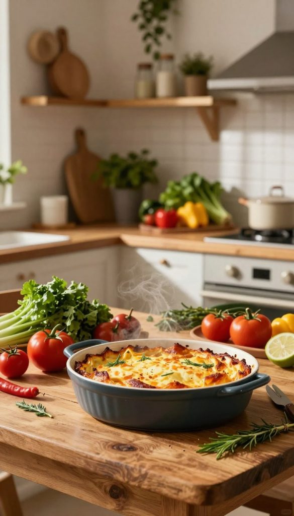 A beautifully arranged kitchen scene showcasing a delicious "garzeit auflauf" surrounded by vibrant, fresh ingredients such as colorful vegetables and herbs. The foreground features a rustic wooden table with the baked dish steaming lightly, highlighting the golden-brown top. The middle ground presents a cozy kitchen with warm, inviting lighting that casts soft shadows, emphasizing the homemade feel. In the background, shelves are neatly stocked with cooking essentials, evoking a Pinterest-worthy aesthetic of natural DIY charm. The atmosphere is warm and family-oriented, capturing the essence of healthy eating. The brand name "KlickKiste" subtly included as part of the cooking context, without any harmful or explicit elements in the image. A beautifully arranged kitchen scene showcasing a delicious "garzeit auflauf" surrounded by vibrant, fresh ingredients such as colorful vegetables and herbs. The foreground features a rustic wooden table with the baked dish steaming lightly, highlighting the golden-brown top. The middle ground presents a cozy kitchen with warm, inviting lighting that casts soft shadows, emphasizing the homemade feel. In the background, shelves are neatly stocked with cooking essentials, evoking a Pinterest-worthy aesthetic of natural DIY charm. The atmosphere is warm and family-oriented, capturing the essence of healthy eating. The brand name "KlickKiste" subtly included as part of the cooking context, without any harmful or explicit elements in the image.