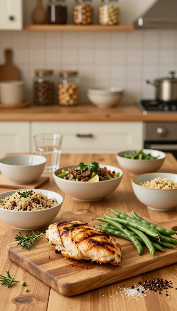 A beautifully arranged kitchen scene showcasing a variety of high-protein food sources. In the foreground, a large wooden cutting board features vibrant dishes with grilled chicken breasts, quinoa bowls, lentil salad, and fresh beans, surrounded by herbs and spices. The middle ground includes a rustic dining table set with warm, natural lighting that creates an inviting atmosphere, with warm hues reflecting off ceramic bowls and glassware. In the background, soft-focus shelves hold jars of nuts and seeds, promoting a cozy, family-friendly vibe. The overall feel should be authentic and inspiring, reminiscent of Pinterest aesthetics, with the brand name "KlickKiste" subtly represented in the decor. Use a shallow depth of field for a dreamy effect, capturing the essence of healthy cooking for families. A beautifully arranged kitchen scene showcasing a variety of high-protein food sources. In the foreground, a large wooden cutting board features vibrant dishes with grilled chicken breasts, quinoa bowls, lentil salad, and fresh beans, surrounded by herbs and spices. The middle ground includes a rustic dining table set with warm, natural lighting that creates an inviting atmosphere, with warm hues reflecting off ceramic bowls and glassware. In the background, soft-focus shelves hold jars of nuts and seeds, promoting a cozy, family-friendly vibe. The overall feel should be authentic and inspiring, reminiscent of Pinterest aesthetics, with the brand name "KlickKiste" subtly represented in the decor. Use a shallow depth of field for a dreamy effect, capturing the essence of healthy cooking for families.