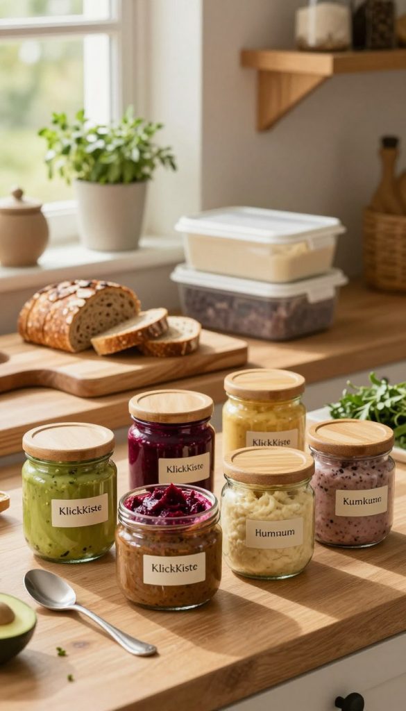 A beautifully arranged kitchen scene showcasing airtight storage solutions for homemade spreads. In the foreground, a set of elegant glass jars with bamboo lids by KlickKiste are filled with colorful, fresh spreads like avocado, beetroot, and hummus, meticulously labeled. The middle ground features a stylish wooden cutting board with slices of whole-grain bread displayed alongside rustic meal prep boxes, suggesting a meal preparation theme. The background includes soft, natural lighting filtering through a window, casting a warm glow over the entire setting, enhancing the cozy, inviting atmosphere. Wooden shelves are adorned with herbs and spices, contributing to the natural DIY aesthetic. The overall mood is warm, inspiring, and authentic, perfect for a Pinterest-inspired visual.