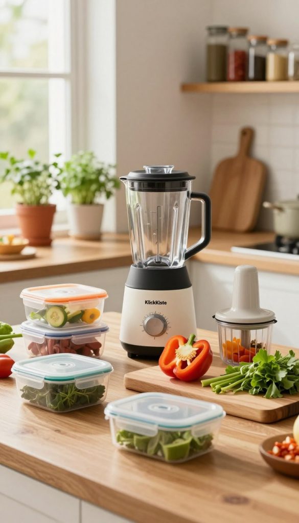 A beautifully arranged kitchen scene showcasing an array of meal prep appliances and tools from the brand "KlickKiste". In the foreground, there are colorful meal prep containers, a sleek blender, and a vegetable chopper, all artistically placed on a wooden countertop. The middle ground features a cutting board with freshly chopped ingredients, like vibrant bell peppers and leafy greens, emphasizing the healthy eating theme. In the background, soft natural light streams in through a window, illuminating potted herbs and a stylish wall shelf filled with spices, creating a warm and inviting atmosphere. The lens captures this cozy kitchen setting at a slight angle, enhancing the depth and warmth of the image. The overall mood is authentic, inspiring, and perfect for a spring meal prep theme, with a Pinterest-worthy aesthetic.