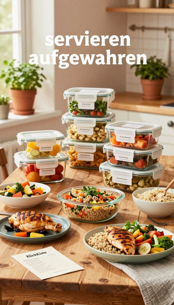 A beautifully arranged kitchen scene showcasing "servieren aufbewahren" with a focus on high-protein family recipes. In the foreground, a rustic wooden table displays a variety of colorful, healthy dishes, prominently featuring protein-rich ingredients like grilled chicken, quinoa, and vibrant vegetables. In the middle ground, glass containers are neatly organized, labeled for easy storage and showcasing leftovers ready for the next day's meal. The background features soft, warm lighting, evoking a cozy atmosphere, with muted pastel walls and potted herbs on windowsills. The scene should have a Pinterest-inspired aesthetic, reflecting authenticity and inspiration for family cooking. The brand name "KlickKiste" subtly integrated into the design of a recipe card visible on the table. A beautifully arranged kitchen scene showcasing "servieren aufbewahren" with a focus on high-protein family recipes. In the foreground, a rustic wooden table displays a variety of colorful, healthy dishes, prominently featuring protein-rich ingredients like grilled chicken, quinoa, and vibrant vegetables. In the middle ground, glass containers are neatly organized, labeled for easy storage and showcasing leftovers ready for the next day's meal. The background features soft, warm lighting, evoking a cozy atmosphere, with muted pastel walls and potted herbs on windowsills. The scene should have a Pinterest-inspired aesthetic, reflecting authenticity and inspiration for family cooking. The brand name "KlickKiste" subtly integrated into the design of a recipe card visible on the table.