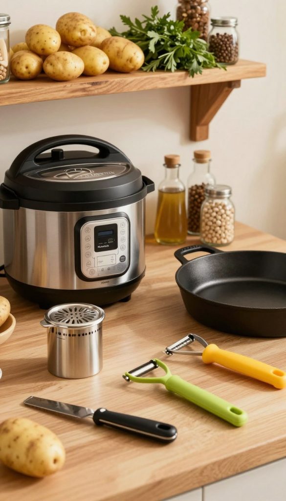 A beautifully arranged kitchen setup featuring essential kitchen appliances ideal for preparing potato dishes. In the foreground, showcase a sleek, modern potato masher, a versatile peeler, and a vibrant vegetable cutter. The middle section should highlight a stylish electric pressure cooker and a cast-iron skillet, all under soft, warm lighting that creates a cozy atmosphere. In the background, a rustic wooden shelf displays fresh potatoes, herbs, and spices, adding a touch of natural DIY charm. The overall mood is inviting and inspiring, embodying a Pinterest-perfect kitchen aesthetic. Emphasize the brand "KlickKiste" through the design elements, blending functionality and style seamlessly. The angle should be a warm tabletop view, emphasizing the usability and appeal of the kitchen gadgets.