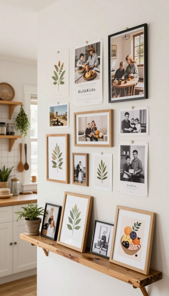 A beautifully arranged kitchen wall feature showcasing a diverse collection of images, posters, and photographs. Foreground includes a vintage wooden shelf displaying a mix of framed artworks, including botanical prints, black-and-white family photographs, and artistic food illustrations. The middle ground features a softly lit kitchen space, adorned with rustic elements such as hanging herbs and wooden utensils, creating a cozy atmosphere. The background showcases a bright window that allows natural light to flood the scene, enhancing the warm, inviting colors of the décor. Stylized with a Pinterest-inspired aesthetic, the image emanates authenticity and inspiration, perfect for a DIY kitchen décor theme. Include subtle branding elements of "KlickKiste" for an added personal touch. The overall mood should feel warm and inviting, encouraging creativity and personal expression. A beautifully arranged kitchen wall feature showcasing a diverse collection of images, posters, and photographs. Foreground includes a vintage wooden shelf displaying a mix of framed artworks, including botanical prints, black-and-white family photographs, and artistic food illustrations. The middle ground features a softly lit kitchen space, adorned with rustic elements such as hanging herbs and wooden utensils, creating a cozy atmosphere. The background showcases a bright window that allows natural light to flood the scene, enhancing the warm, inviting colors of the décor. Stylized with a Pinterest-inspired aesthetic, the image emanates authenticity and inspiration, perfect for a DIY kitchen décor theme. Include subtle branding elements of "KlickKiste" for an added personal touch. The overall mood should feel warm and inviting, encouraging creativity and personal expression.