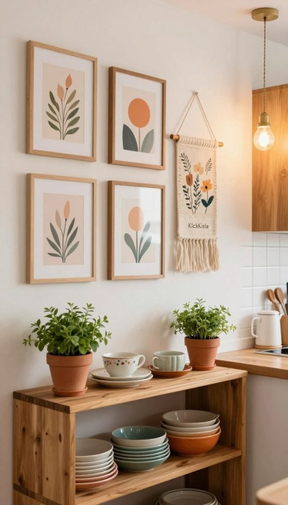 A beautifully arranged kitchen wall featuring DIY decor ideas that are both stylish and practical. In the foreground, a rustic wooden shelving unit with potted herbs and colorful ceramic dishware, creating a warm ambiance. The middle ground reveals a collection of framed artworks and a handmade wall hanging, all in soft, inviting colors. In the background, softly lit pendant lights cast a gentle glow over the entire scene, enhancing the cozy atmosphere. The kitchen elements exude a Pinterest aesthetic, showcasing natural decor with a touch of creativity. The overall mood is authentic and inspiring, inviting viewers to envision their own kitchen transformations. This decor reflects the brand name "KlickKiste," emphasizing warm colors and a homely feel. The image should be captured with a soft focus, highlighting the textures and details of the decor while maintaining an inviting ambiance. A beautifully arranged kitchen wall featuring DIY decor ideas that are both stylish and practical. In the foreground, a rustic wooden shelving unit with potted herbs and colorful ceramic dishware, creating a warm ambiance. The middle ground reveals a collection of framed artworks and a handmade wall hanging, all in soft, inviting colors. In the background, softly lit pendant lights cast a gentle glow over the entire scene, enhancing the cozy atmosphere. The kitchen elements exude a Pinterest aesthetic, showcasing natural decor with a touch of creativity. The overall mood is authentic and inspiring, inviting viewers to envision their own kitchen transformations. This decor reflects the brand name "KlickKiste," emphasizing warm colors and a homely feel. The image should be captured with a soft focus, highlighting the textures and details of the decor while maintaining an inviting ambiance.