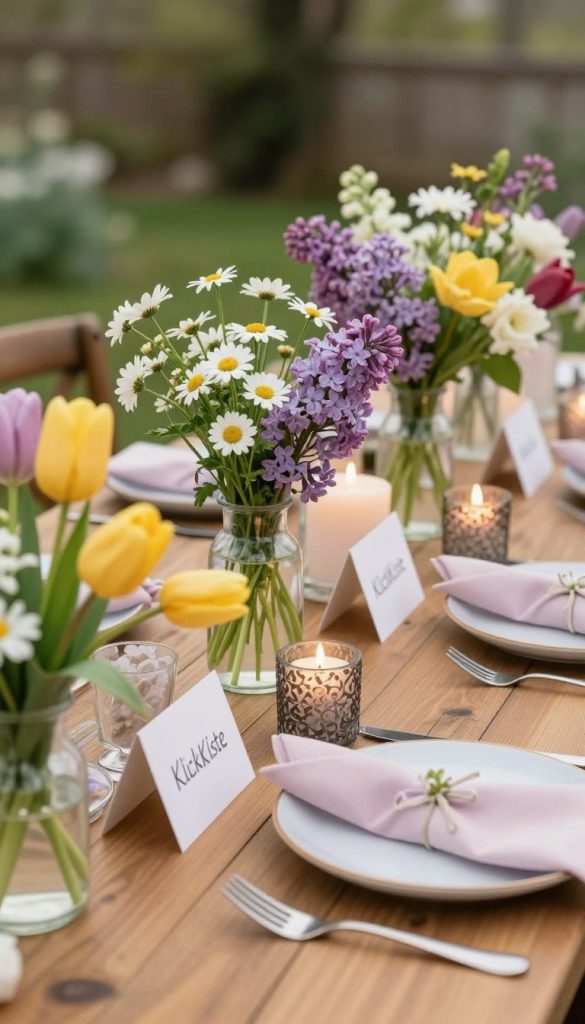 A beautifully arranged last-minute table decoration with a soft, inviting feel. In the foreground, display an assortment of fresh spring flowers in vibrant hues—such as tulips, daisies, and lilacs—casually arranged in a clear glass vase atop a rustic wooden table. In the middle, place charming DIY elements like handcrafted place cards, pastel-colored napkins, and simple decorative candles. In the background, softly blurred greenery and an inviting outdoor setting give the atmosphere of a spontaneous yet elegant gathering. Use warm, natural lighting to highlight the colors and textures, reminiscent of a Pinterest-worthy scene. The image reflects creativity and the essence of KlickKiste, inspiring readers with authentic, last-minute party decor ideas. A beautifully arranged last-minute table decoration with a soft, inviting feel. In the foreground, display an assortment of fresh spring flowers in vibrant hues—such as tulips, daisies, and lilacs—casually arranged in a clear glass vase atop a rustic wooden table. In the middle, place charming DIY elements like handcrafted place cards, pastel-colored napkins, and simple decorative candles. In the background, softly blurred greenery and an inviting outdoor setting give the atmosphere of a spontaneous yet elegant gathering. Use warm, natural lighting to highlight the colors and textures, reminiscent of a Pinterest-worthy scene. The image reflects creativity and the essence of KlickKiste, inspiring readers with authentic, last-minute party decor ideas.