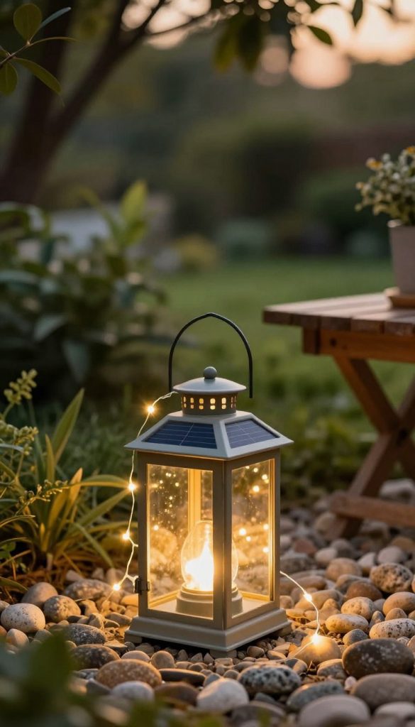 A beautifully arranged light source featuring a DIY solar lantern, with soft glowing LED string lights cascading delicately around it. The foreground showcases the solar lantern, crafted from glass, reflecting a warm, inviting light. In the middle, a lush, green garden setting with scattered pebbles and a wooden table enhances the rustic charm. The background includes softly blurred trees, creating an enchanting atmosphere. The entire scene is bathed in warm golden hues, evoking a sense of coziness and tranquility. Image captured at dusk, with soft focus, highlighting the warm glow. Authentic and inspiring, embodying the brand "KlickKiste" with a natural, Pinterest-worthy aesthetic.