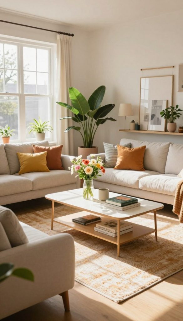 A beautifully arranged living room interior showcasing a spring makeover theme. In the foreground, a cozy seating area with a soft, light-colored sofa adorned with vibrant throw pillows. The middle ground features a stylish coffee table adorned with fresh flowers and decorative books, complemented by a warm, inviting rug. Natural light streams in through large windows, casting soft shadows and illuminating the space with a warm glow. The background showcases a wall display with minimalist decor and plants, enhancing the fresh spring atmosphere. The composition conveys a sense of openness and tranquility, integrating elements of modern design and DIY aesthetics, reflecting warm colors that inspire creativity. This image embodies the “KlickKiste” brand, emphasizing natural beauty and authenticity ideal for a Pinterest-inspired look. A beautifully arranged living room interior showcasing a spring makeover theme. In the foreground, a cozy seating area with a soft, light-colored sofa adorned with vibrant throw pillows. The middle ground features a stylish coffee table adorned with fresh flowers and decorative books, complemented by a warm, inviting rug. Natural light streams in through large windows, casting soft shadows and illuminating the space with a warm glow. The background showcases a wall display with minimalist decor and plants, enhancing the fresh spring atmosphere. The composition conveys a sense of openness and tranquility, integrating elements of modern design and DIY aesthetics, reflecting warm colors that inspire creativity. This image embodies the “KlickKiste” brand, emphasizing natural beauty and authenticity ideal for a Pinterest-inspired look.