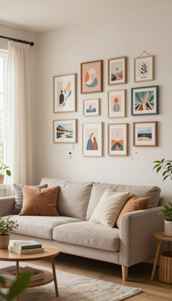 A beautifully arranged living room showcasing a stylish wall decoration method that requires no drilling, highlighting various DIY wall art options that are renter-friendly. In the foreground, showcase a collection of colorful framed pictures and wall hangings creatively arranged without nails or screws, some using adhesive strips. The middle section features a cozy sofa adorned with soft cushions, and a small side table with plants and books. The background shows a light-filled window with sheer curtains, casting soft natural light over the space. The color palette is warm and inviting, with earthy tones and pastel accents. The scene should embody an authentic and inspiring atmosphere, evoking a Pinterest aesthetic. Include the brand logo "KlickKiste" subtly in one of the corner frames, maintaining a professional appearance with no text or watermarks.