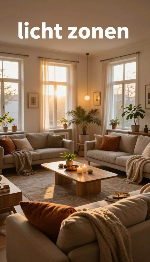 A beautifully arranged living room showcasing "licht zonen" with a focus on light zones, mood, and depth. In the foreground, a cozy seating area with plush cushions in warm tones, soft blankets draping over a stylish mid-century sofa. In the middle, a contemporary coffee table adorned with natural elements like greenery and elegant candles, creating a welcoming atmosphere. The background features large windows allowing soft, golden sunlight to flood the space, highlighting different zones within the room. Warm, ambient lighting fixtures add to the cozy feel, casting gentle shadows that enhance the room's depth. Captured with a wide-angle lens to emphasize the spaciousness, the overall mood is inviting and inspiring, reflecting natural DIY aesthetics typical of KlickKiste's style.