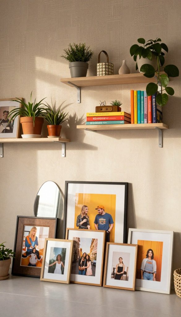 A beautifully arranged living space showcasing a variety of stylish DIY decor elements. In the foreground, a collection of handcrafted picture frames from "KlickKiste" filled with warm, vibrant images, interspersed with elegant mirrors reflecting light. In the middle, artistic floating shelves display potted plants, colorful books, and decorative items, enhancing the cozy atmosphere. The background features a softly lit wall adorned with textured wallpaper in earthy tones, creating a sense of warmth and inspiration. The overall mood is inviting and creative, reminiscent of a trendy Pinterest aesthetic, with natural lighting casting gentle shadows. The scene emphasizes an authentic DIY approach to home design, highlighting sustainability and creativity.