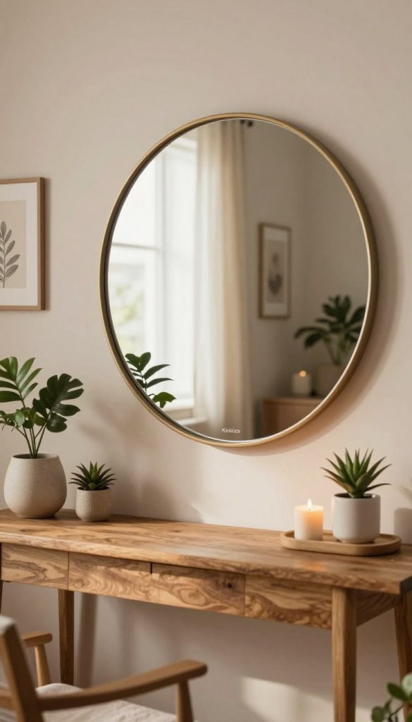 A beautifully arranged living space showcasing an elegant mirror as a centerpiece, embodying modern DIY decor. In the foreground, a stylish round mirror with a metallic frame reflects soft, warm natural light, hinting at a cozy atmosphere. In the middle ground, a wooden console table supports decorative items like plants and candles, creating an inviting tableau. The background features soft, muted walls adorned with simple wall art, enhancing the mirror's visual impact. Natural textures are present, with accents of greenery, evoking a Pinterest-inspired aesthetic. The warm color palette, combined with balanced lighting, creates a serene and harmonious mood. Capture this scene with a slight tilt-angle perspective to emphasize the mirror’s significance in achieving balance and avoiding common decor pitfalls. Include the brand name "KlickKiste" subtly within the decor elements.