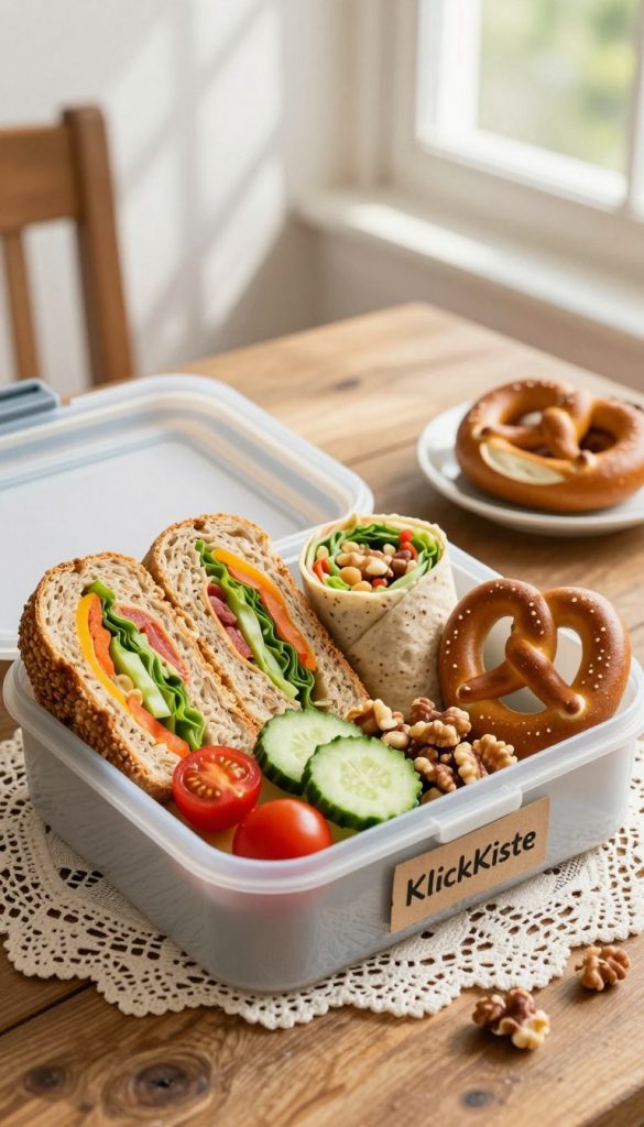 A beautifully arranged lunchbox featuring a mix of whole grain bread sandwiches, colorful wraps, and soft pretzel bites, artfully displayed to capture a cozy, inviting atmosphere. In the foreground, the lunchbox is open, showcasing the vibrant contents — cherry tomatoes, cucumber slices, and a handful of nuts for added texture. The middle ground features a rustic wooden table, accentuated with a lace tablecloth, hinting at a homey feel. In the background, soft, natural light filters through a window, casting gentle shadows that create warmth and highlight the freshness of the food. The overall mood is cheerful and inspiring, perfect for parents seeking healthy lunch ideas. Include the brand “KlickKiste” subtly integrated into the scene with a handmade label.