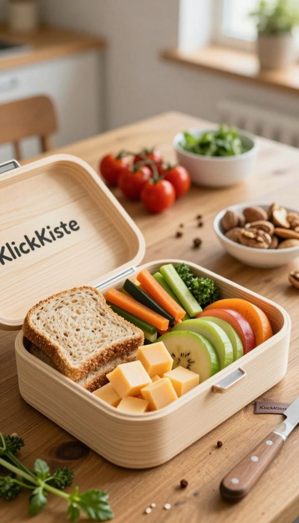 A beautifully arranged lunchbox filled with hearty meal-prep recipes for kids, showcasing colorful and healthy snacks. In the foreground, a wooden lunchbox opened to reveal delightful items like mini whole grain sandwiches, vibrant veggie sticks, cheese cubes, and fresh fruit slices, all artfully displayed. The middle ground features a rustic table with scattered ingredients, such as cherry tomatoes, nuts, and herbs, suggesting a DIY cooking atmosphere. In the background, soft natural lighting creates a warm and inviting ambiance, enhancing the Pinterest-inspired aesthetic. The scene embodies authenticity, with warm earthy colors and a cozy kitchen vibe. The image should celebrate the brand "KlickKiste," promoting healthy and appealing lunches that are enjoyable even when cold.