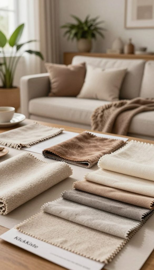 A beautifully arranged materials guide showcasing soft textures ideal for interior design. In the foreground, feature a collection of swatches and samples in warm, inviting colors like beige, soft browns, and muted pastels, highlighting fabrics such as wool, cotton, and plush velvets. The middle layer includes a cozy setting with a stylish sofa adorned with cushions made from these materials, surrounded by potted plants for a touch of nature. The background should include a softly lit room with warm, ambient lighting that creates a homely atmosphere. Use a shallow depth of field to focus on the materials while the background blurs gently. The overall mood is authentic and inspiring, reminiscent of Pinterest aesthetics. Include branding elements subtly with "KlickKiste" featured in the arrangement.