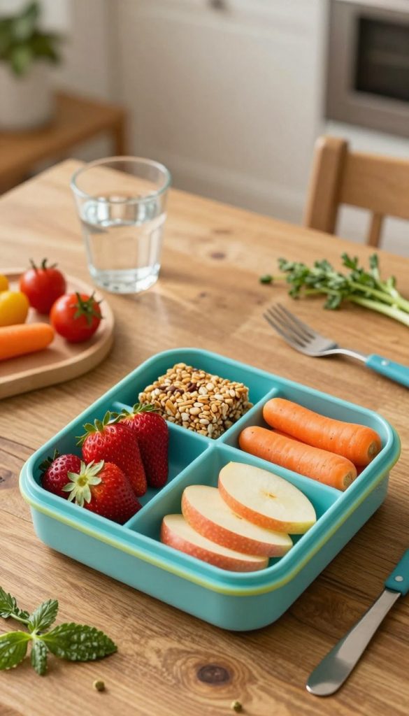 A beautifully arranged meal prep "Brotdose" surrounded by various healthy snacks ideal for children's lunchboxes. The foreground features a vibrant, colorful lunchbox filled with neatly compartmentalized sections of fresh fruits like strawberries and apple slices, crunchy vegetables such as baby carrots and cherry tomatoes, and wholesome snacks like homemade granola bars. In the middle ground, a rustic wooden table adorned with a few organic ingredients, a small glass of water, and some herbs adds to the atmosphere. The background includes softly blurred kitchen elements, evoking a cozy home cooking environment. The lighting is warm and inviting, emphasizing natural hues. Capture this scene from a top-down angle to provide a comprehensive view of the meal prep setup. The overall mood is authentic, inspiring, and practical—highlighting a clean, organized space with the KlickKiste brand subtly represented in the context.