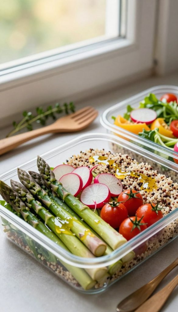A beautifully arranged meal prep box featuring a vibrant assortment of fresh spring vegetables, such as asparagus, radishes, and cherry tomatoes, along with healthy grains like quinoa and brown rice. The box is divided into sections, showcasing colorful salads drizzled with light vinaigrettes. The foreground captures the meal prep box with clear details of the ingredients, while the middle ground includes rustic wooden utensils and a fresh sprig of herbs. In the background, soft natural light filters through a window, casting a warm glow and creating an inviting, homey atmosphere. The overall mood feels fresh and inspiring, perfect for the theme of healthy spring recipes. Emphasize a Pinterest-worthy aesthetic reflecting the brand "KlickKiste".