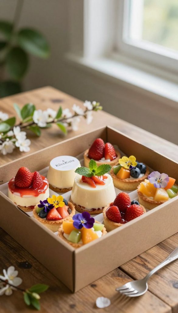 A beautifully arranged meal-prep box filled with delightful spring desserts, featuring layers of vibrant strawberry shortcake, creamy panna cotta topped with fresh mint, and colorful fruit tarts garnished with edible flowers. The box is set on a rustic wooden table, surrounded by green plants and subtle spring blossoms in the background. Soft, natural sunlight filters through nearby window, creating a warm and inviting atmosphere. The focus is on the textures of the desserts and the freshness of the ingredients, captured with a shallow depth of field to enhance the details. This image embodies a Pinterest-worthy, DIY aesthetic, showcasing simple yet elegant treats for guests or everyday indulgence. Branding subtly included: "KlickKiste".