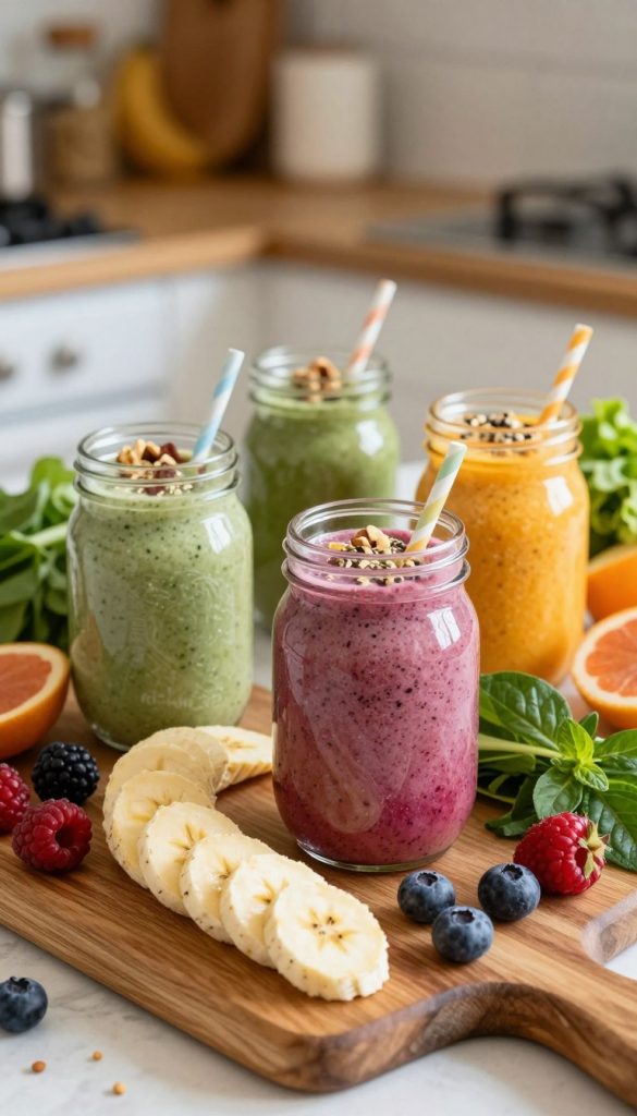 A beautifully arranged meal prep scene featuring colorful, healthy protein shakes in clear mason jars with fresh fruits and vegetables surrounding them. In the foreground, illustrate a wooden cutting board adorned with sliced bananas, berries, and leafy greens. In the middle, position the mason jars filled with vibrant smoothies, each topped with natural ingredients like nuts and seeds. The background should feature a soft-focus kitchen setting with warm, inviting lighting, highlighting a rustic kitchen counter. Use a soft lens to create a dreamy, Pinterest-style aesthetic, evoking an authentic and inspiring atmosphere. The brand name "KlickKiste" should subtly appear on one of the jars.