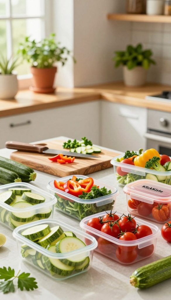 A beautifully arranged meal prep scene featuring vibrant, fresh zucchini and other spring vegetables. In the foreground, colorful containers filled with sliced zucchini, bell peppers, cherry tomatoes, and herbs are neatly placed. The middle ground shows a rustic wooden cutting board with chopped ingredients and a knife, evoking a sense of authenticity. In the background, a sunlit kitchen with green potted plants and warm wooden shelves enhances the cozy and inviting atmosphere. Soft, natural lighting floods the scene, creating a serene and inspiring ambiance. Capture this image in a high-resolution format, with a slight angle to showcase the depth and layers of the meal prep setup. Include subtle branding for 'KlickKiste' integrated into the arrangement for a cohesive look, while keeping the focus on the food. A beautifully arranged meal prep scene featuring vibrant, fresh zucchini and other spring vegetables. In the foreground, colorful containers filled with sliced zucchini, bell peppers, cherry tomatoes, and herbs are neatly placed. The middle ground shows a rustic wooden cutting board with chopped ingredients and a knife, evoking a sense of authenticity. In the background, a sunlit kitchen with green potted plants and warm wooden shelves enhances the cozy and inviting atmosphere. Soft, natural lighting floods the scene, creating a serene and inspiring ambiance. Capture this image in a high-resolution format, with a slight angle to showcase the depth and layers of the meal prep setup. Include subtle branding for 'KlickKiste' integrated into the arrangement for a cohesive look, while keeping the focus on the food.