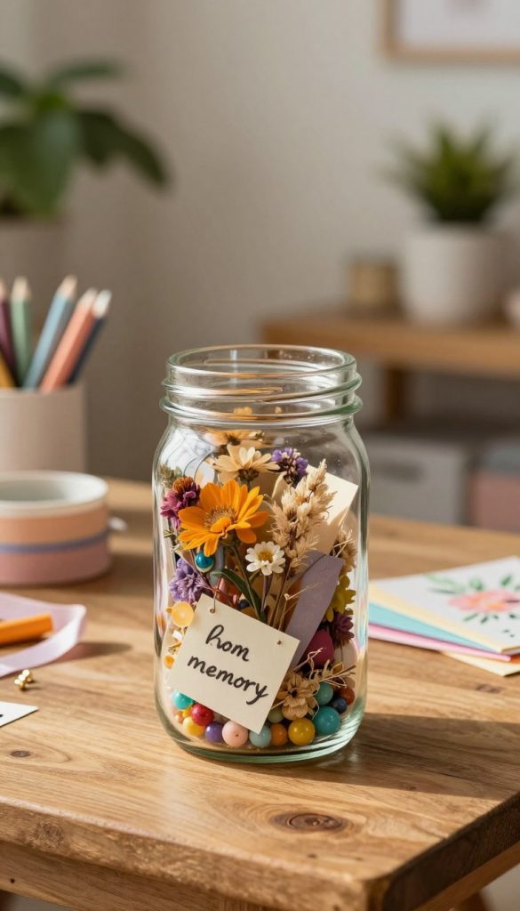 A beautifully arranged "memory glass" design, showcasing a clear glass jar filled with vibrant, personally meaningful mementos like dried flowers, small notes, and colorful beads. In the foreground, the jar is elegantly placed on a rustic wooden table with warm lighting casting gentle shadows. The middle ground features a cozy, Pinterest-inspired DIY craft space with pastel-colored supplies, such as ribbons and craft paper, enhancing the creative atmosphere. In the background, there are softly blurred images of green houseplants and neutral-colored walls, creating an inviting and harmonious setting. The overall mood is warm, inspiring, and authentic, embodying a homey aesthetic. Designed by KlickKiste, this captivating display encourages personal connection through upcycled treasures. A beautifully arranged "memory glass" design, showcasing a clear glass jar filled with vibrant, personally meaningful mementos like dried flowers, small notes, and colorful beads. In the foreground, the jar is elegantly placed on a rustic wooden table with warm lighting casting gentle shadows. The middle ground features a cozy, Pinterest-inspired DIY craft space with pastel-colored supplies, such as ribbons and craft paper, enhancing the creative atmosphere. In the background, there are softly blurred images of green houseplants and neutral-colored walls, creating an inviting and harmonious setting. The overall mood is warm, inspiring, and authentic, embodying a homey aesthetic. Designed by KlickKiste, this captivating display encourages personal connection through upcycled treasures.