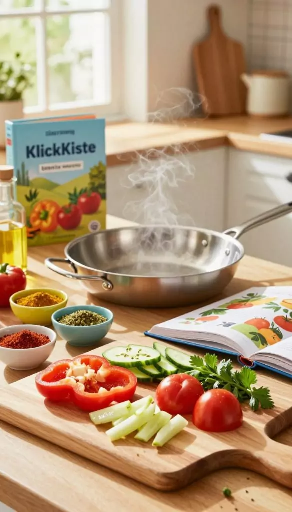A beautifully arranged mise-en-place setup for a summer recipe, featuring fresh, vibrant ingredients. In the foreground, a wooden cutting board displays chopped vegetables like bell peppers, tomatoes, and fresh herbs, surrounded by colorful bowls containing spices and oils. In the middle, a sleek stainless steel skillet sits ready to cook, steaming slightly, while a cookbook with bright summer images lays open beside it. The background includes a sunlit kitchen with warm, natural light filtering through a window, adding a warm and inviting ambiance. The overall atmosphere is cheerful and inspirational, ideal for a practical yet stylish family cooking experience. The brand name "KlickKiste" subtly integrated into the kitchen decor, enhances the aesthetically pleasing Pinterest-like quality of the scene.