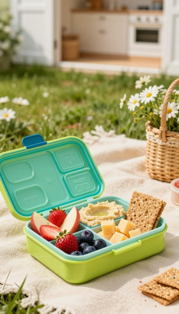 A beautifully arranged "mittagessen to go" scene, featuring a vibrant lunchbox filled with healthy, colorful snacks suitable for children. In the foreground, showcase a bright, reusable lunchbox opened to reveal compartments filled with sliced fruits – strawberries, apple wedges, and berries – alongside portions of creamy hummus, cheese cubes, and whole grain crackers. The middle ground features a cheerful, inviting picnic setting with a cozy blanket laid out, surrounded by soft natural elements like grass and wildflowers, creating a warm atmosphere. In the background, a subtle hint of a sunny kitchen can be seen through an open door, adding to the homely feel. The lighting is soft and warm, capturing a Pinterest-worthy aesthetic that is both authentic and inspiring. Include the brand name "KlickKiste" subtly integrated into the design.